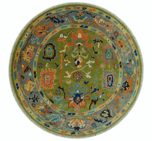 Custom Made Hand Knotted Round Traditional Oushak Green And Gray Wool Rug.