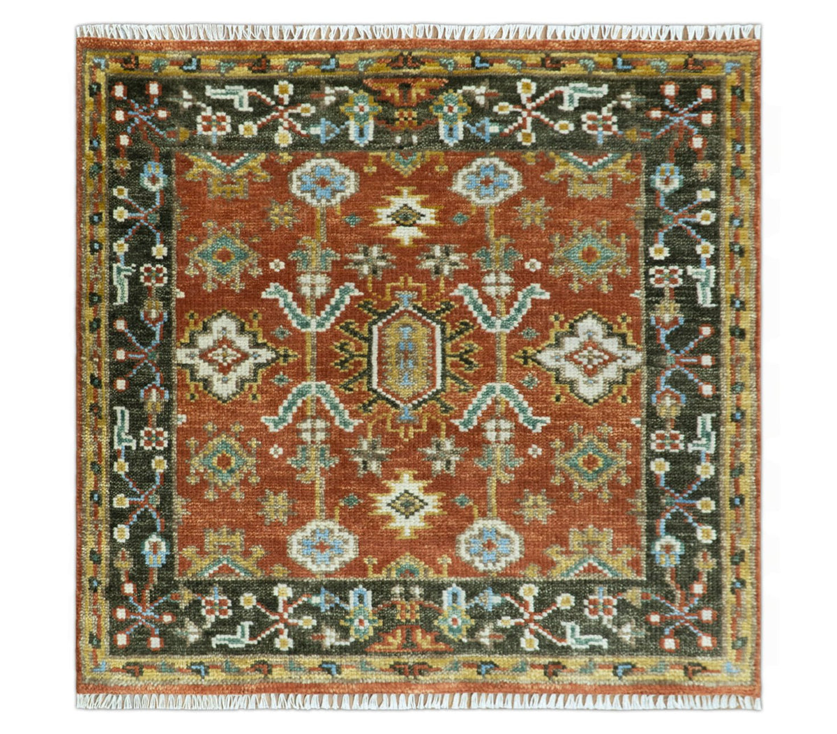 Custom Made Hand Knotted Rust and Black Traditional Wool Rug.