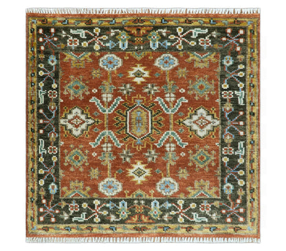 Custom Made Hand Knotted Rust and Black Traditional Wool Rug.
