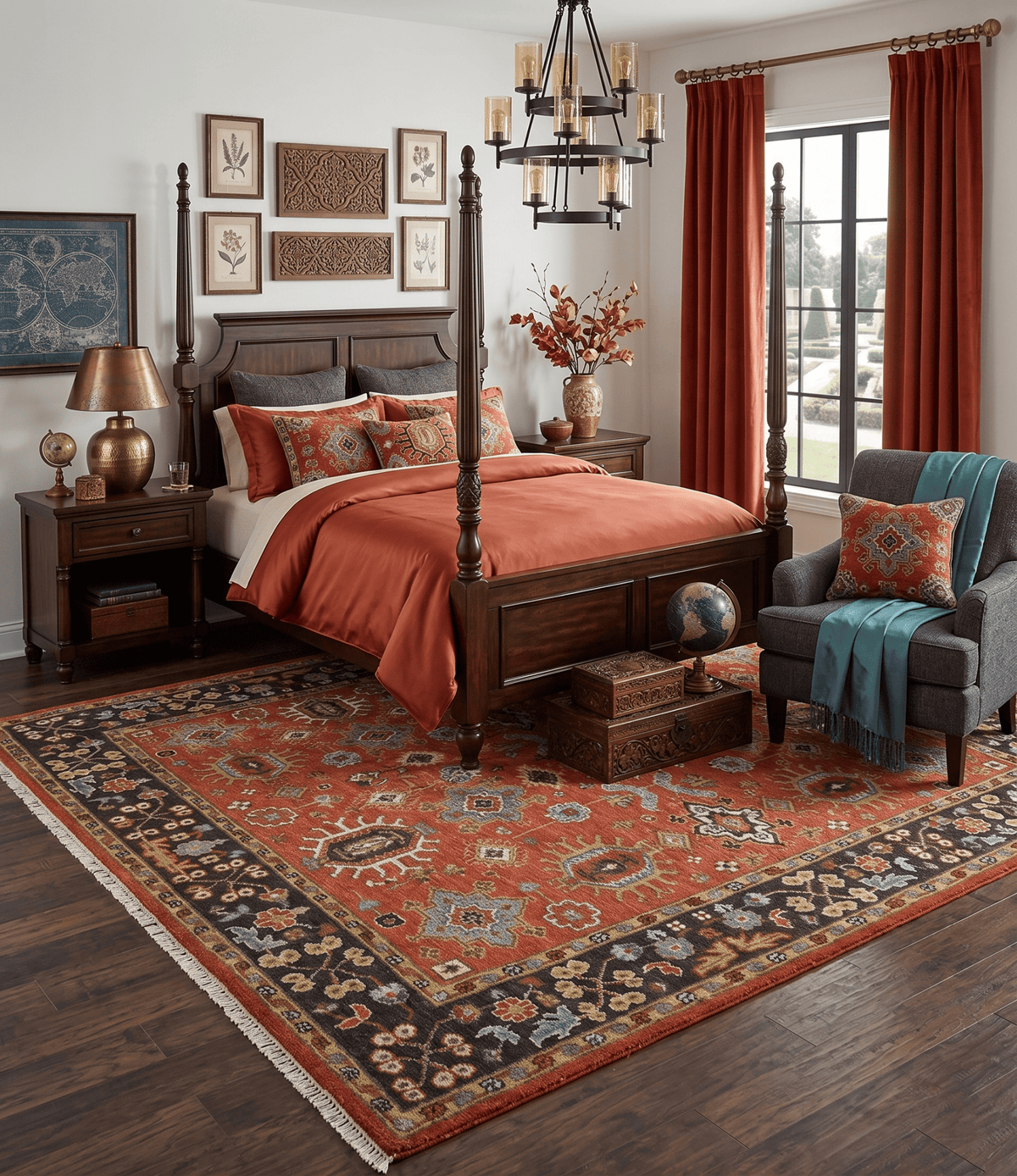 Custom Made Hand Knotted Rust and Black Traditional Wool Rug.