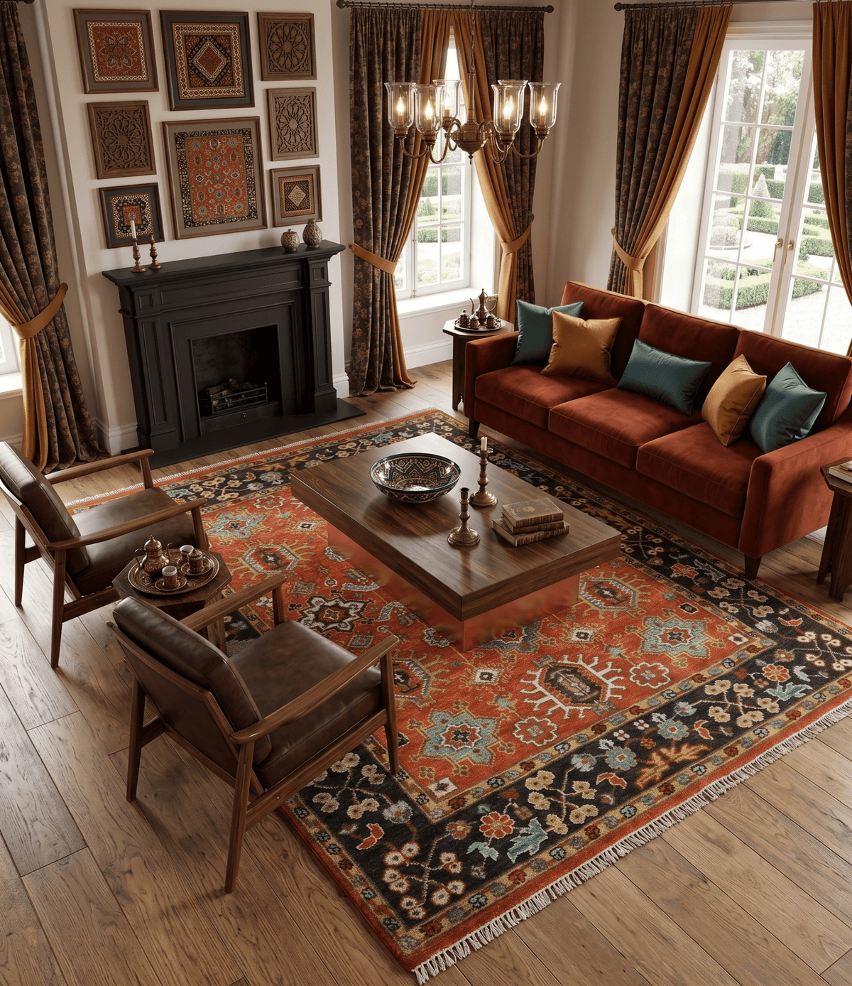 Custom Made Hand Knotted Rust and Black Traditional Wool Rug.