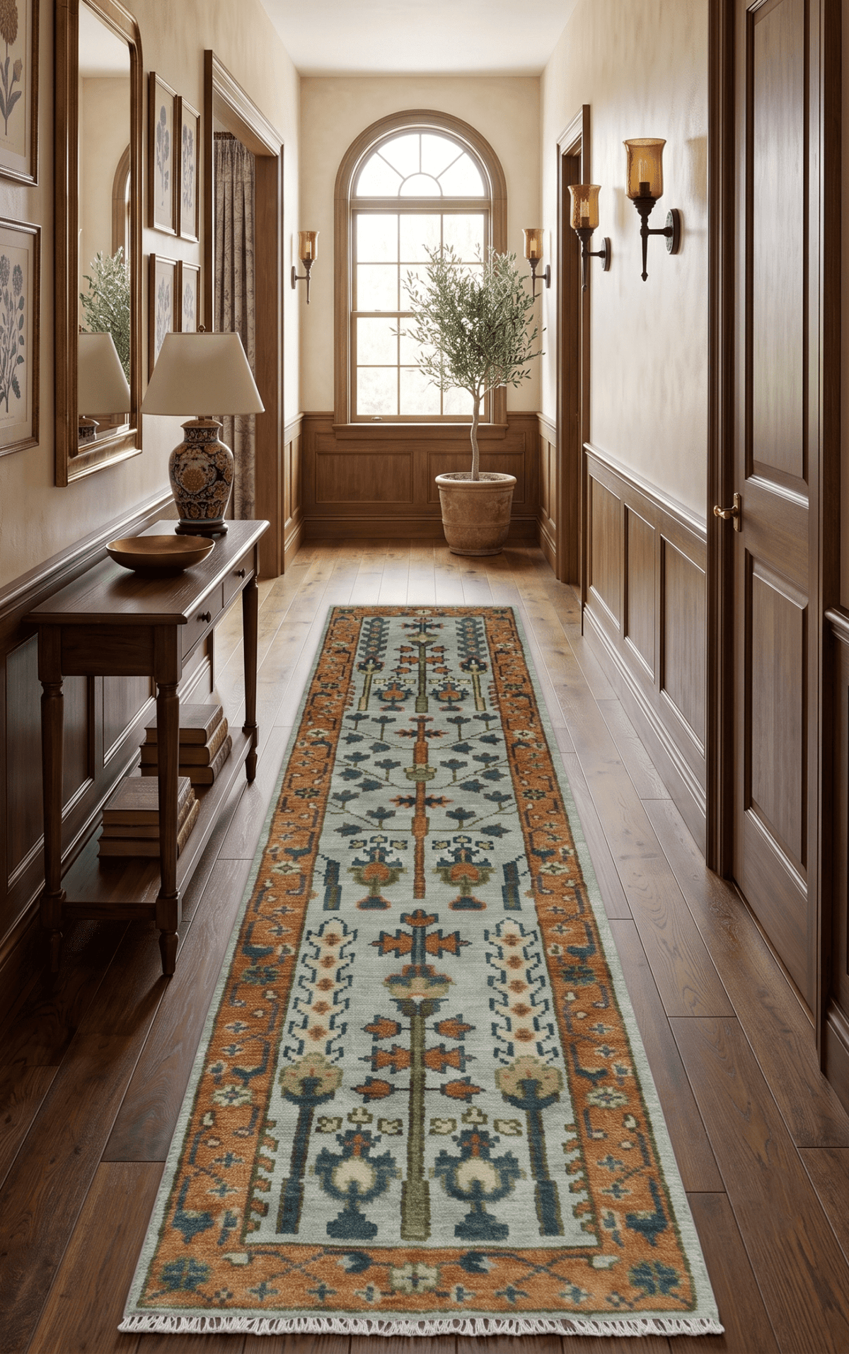 Custom Made Hand Knotted Rust And Silver Tree of life Runner Wool Rug.