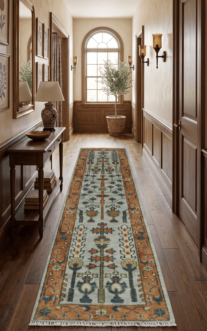 Custom Made Hand Knotted Rust And Silver Tree of life Runner Wool Rug.