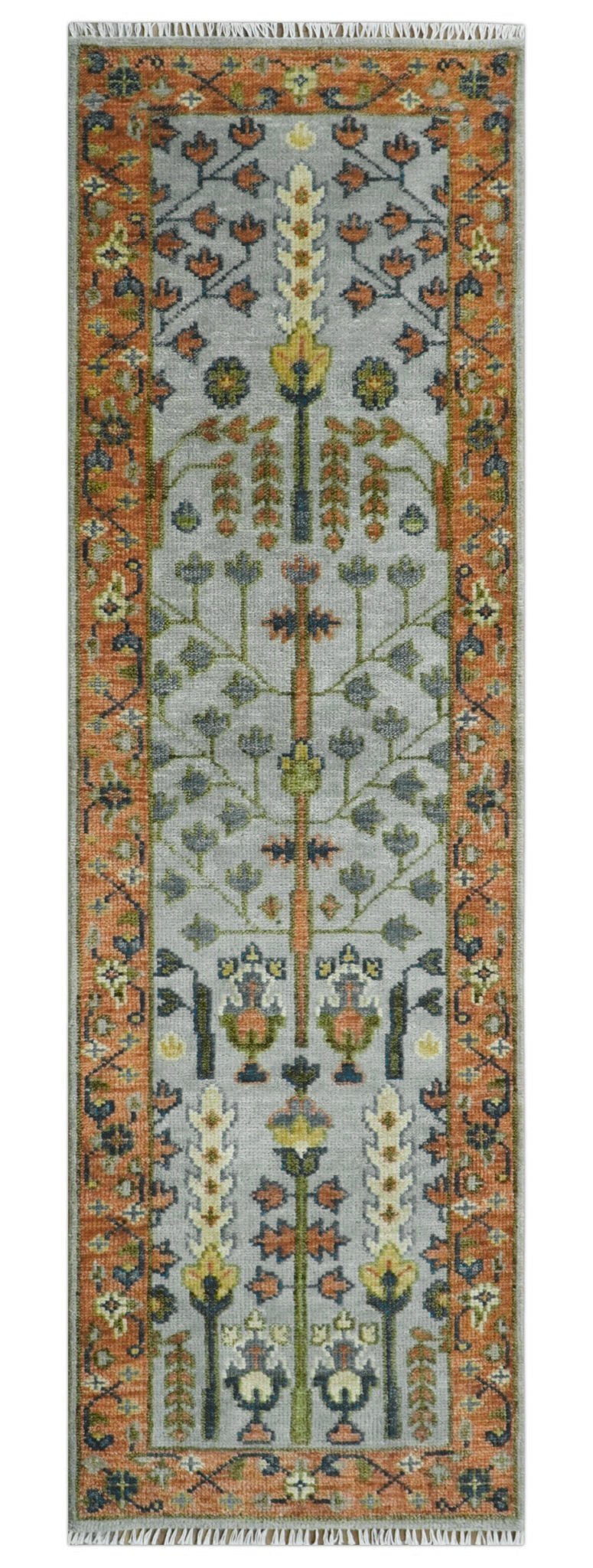 Custom Made Hand Knotted Rust And Silver Tree of life Runner Wool Rug.