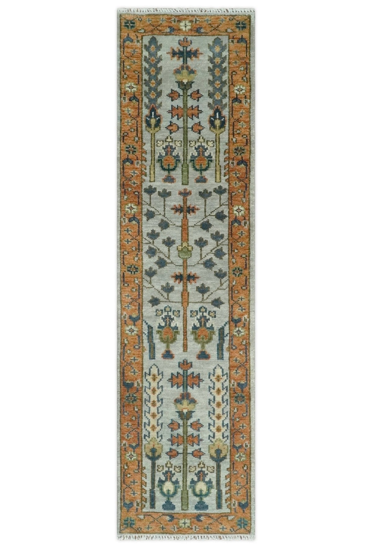 Custom Made Hand Knotted Rust And Silver Tree of life Runner Wool Rug.