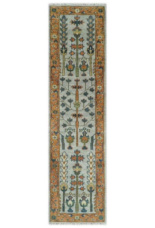 Custom Made Hand Knotted Rust And Silver Tree of life Runner Wool Rug.