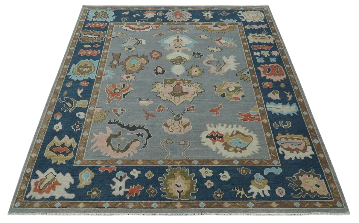 Custom Made Hand Knotted Silver and Blue Colorful Traditional Oushak Wool Area Rug.