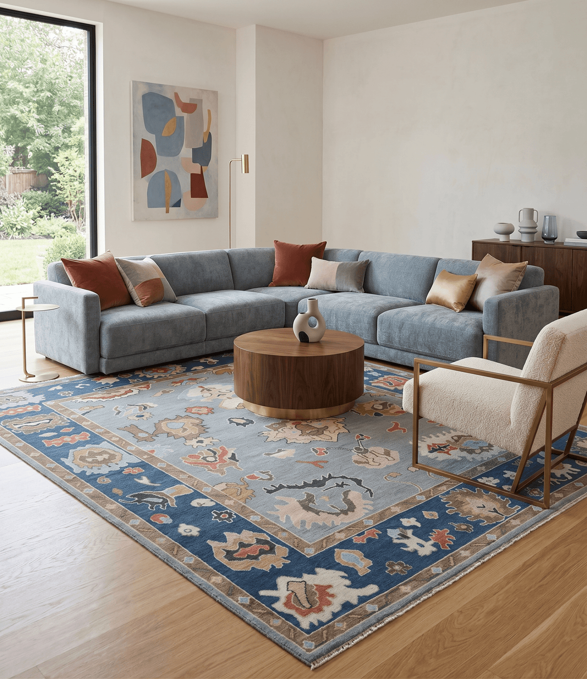 Custom Made Hand Knotted Silver and Blue Colorful Traditional Oushak Wool Area Rug.