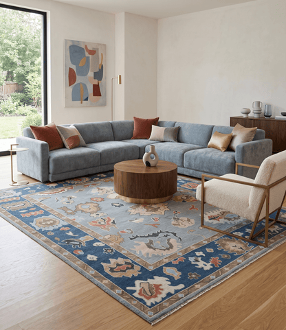 Custom Made Hand Knotted Silver and Blue Colorful Traditional Oushak Wool Area Rug.
