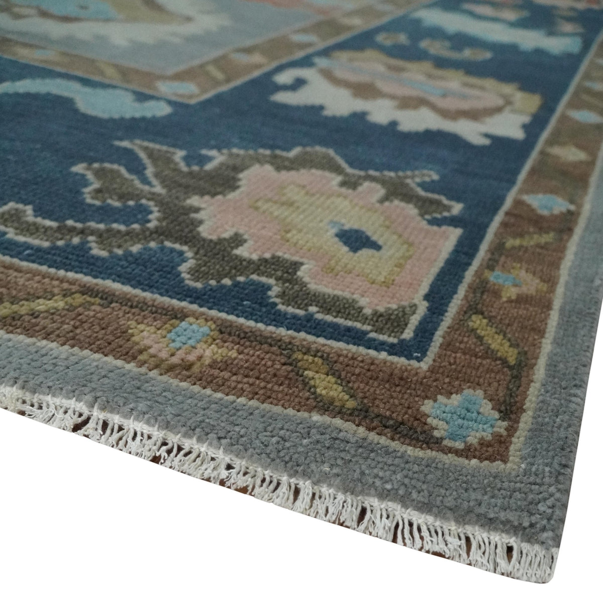 Custom Made Hand Knotted Silver and Blue Colorful Traditional Oushak Wool Area Rug.