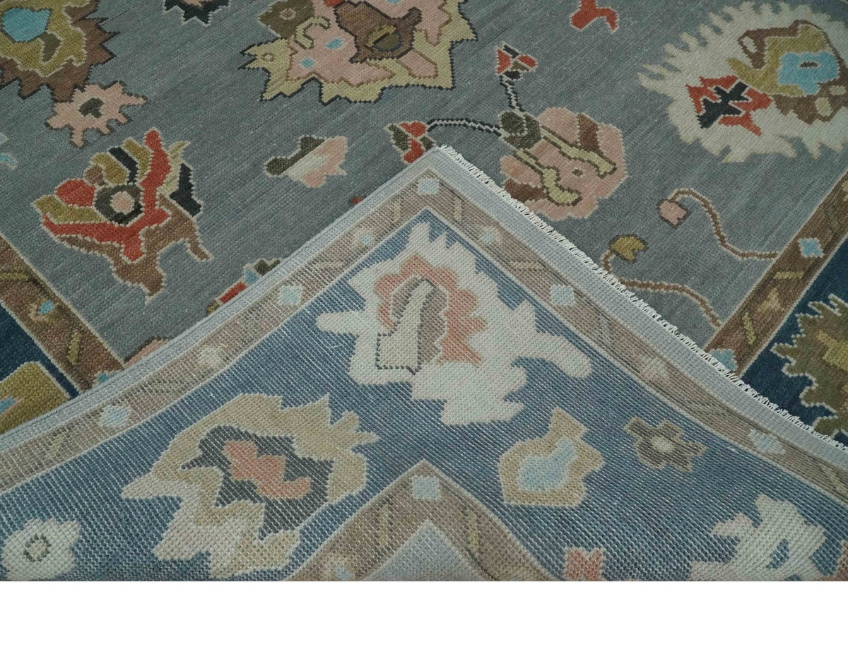 Custom Made Hand Knotted Silver and Blue Colorful Traditional Oushak Wool Area Rug.