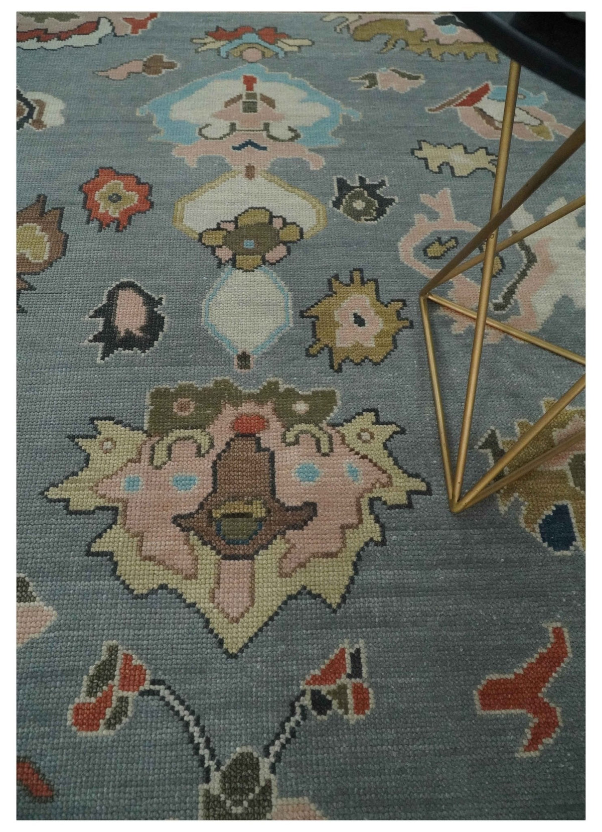 Custom Made Hand Knotted Silver and Blue Colorful Traditional Oushak Wool Area Rug.