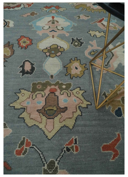 Custom Made Hand Knotted Silver and Blue Colorful Traditional Oushak Wool Area Rug.