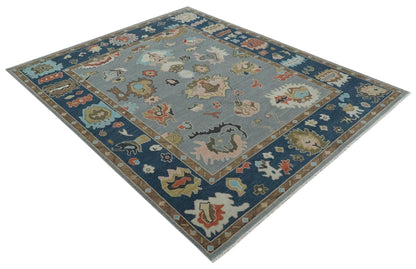 Custom Made Hand Knotted Silver and Blue Colorful Traditional Oushak Wool Area Rug.