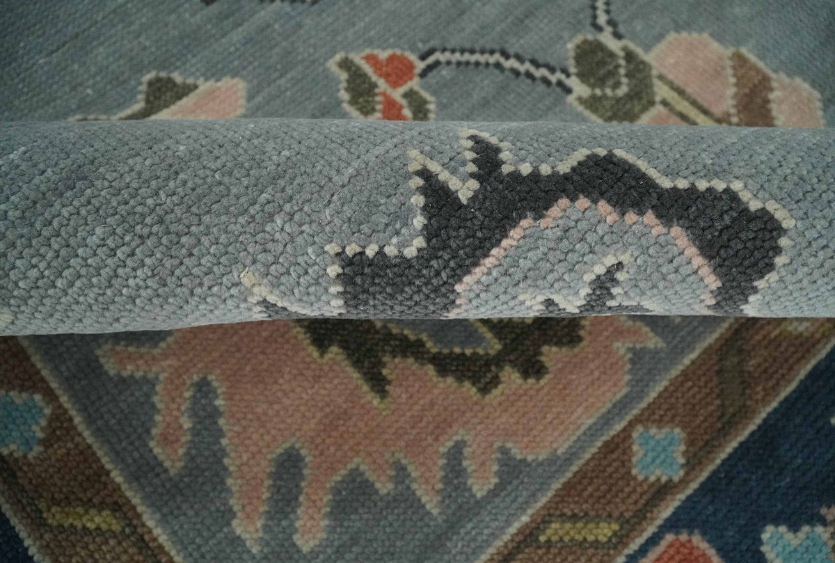 Custom Made Hand Knotted Silver and Blue Colorful Traditional Oushak Wool Area Rug.