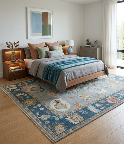 Custom Made Hand Knotted Silver and Blue Colorful Traditional Oushak Wool Area Rug.