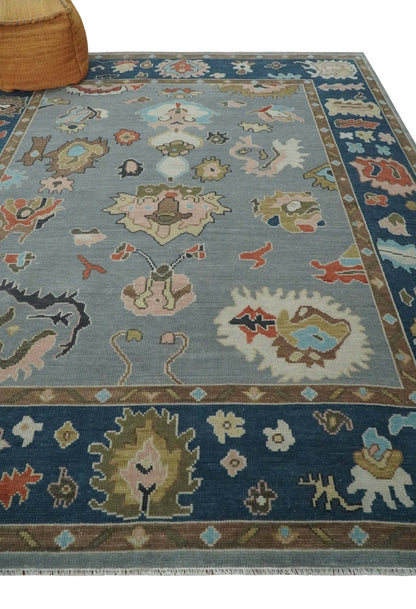 Custom Made Hand Knotted Silver and Blue Colorful Traditional Oushak Wool Area Rug.