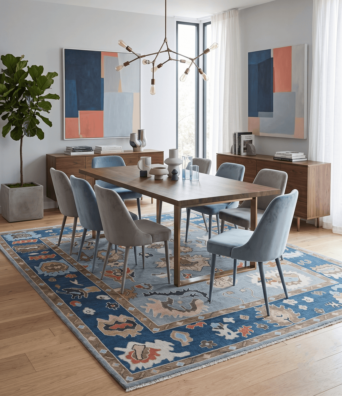 Custom Made Hand Knotted Silver and Blue Colorful Traditional Oushak Wool Area Rug.