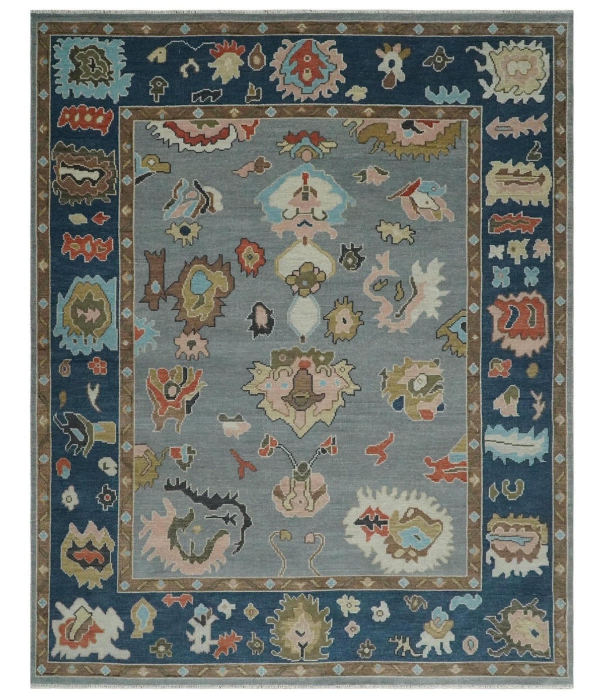 Custom Made Hand Knotted Silver and Blue Colorful Traditional Oushak Wool Area Rug.