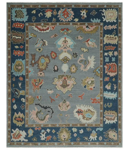 Custom Made Hand Knotted Silver and Blue Colorful Traditional Oushak Wool Area Rug.