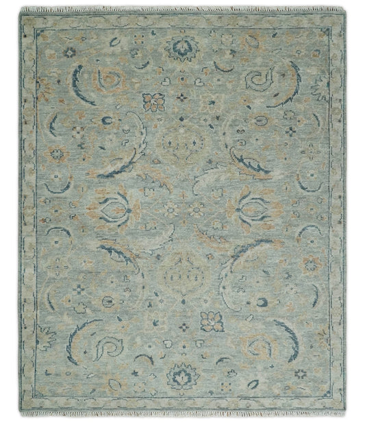 Custom Made Hand Knotted Silver and Blue Traditional Oushak Wool Rug.