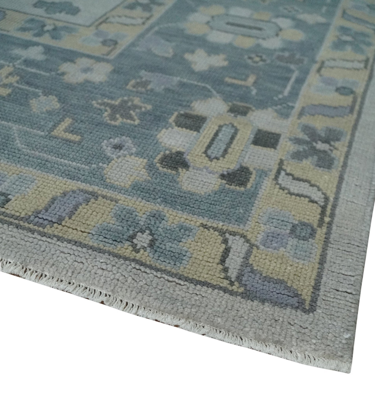 Custom Made Hand Knotted Silver, Blue and Beige Traditional Oushak Wool Area Rug.