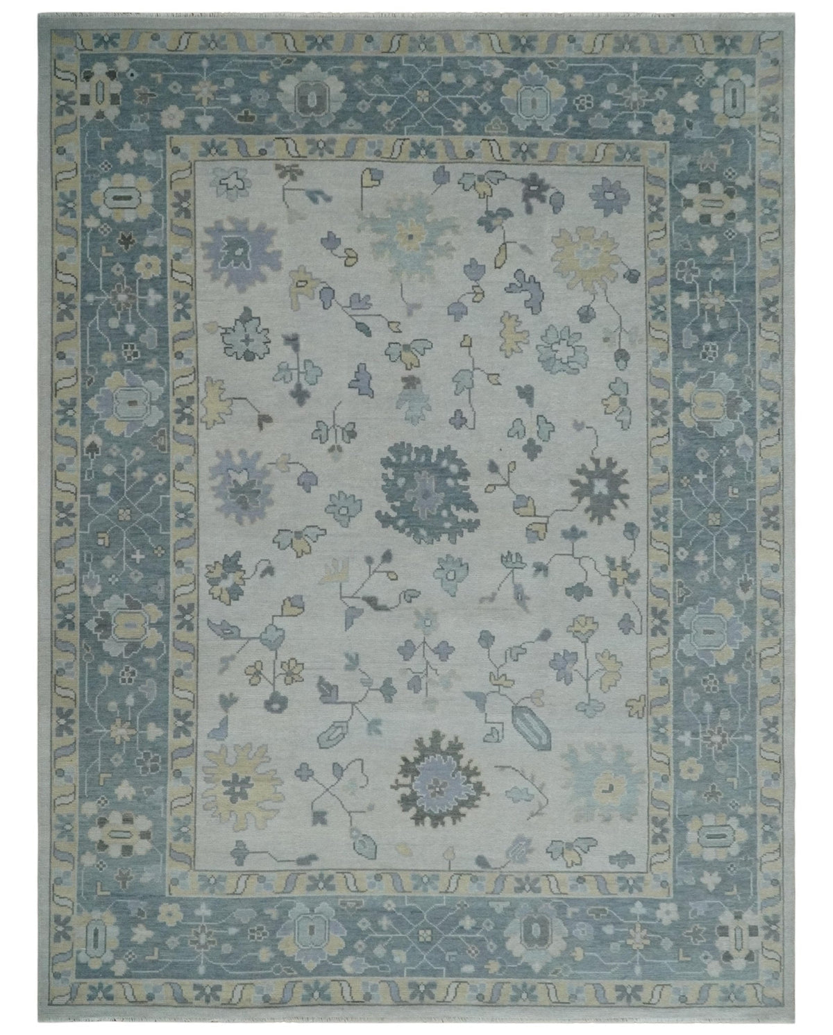 Custom Made Hand Knotted Silver, Blue and Beige Traditional Oushak Wool Area Rug.