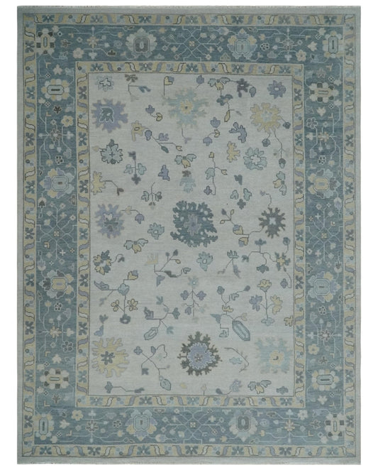 Custom Made Hand Knotted Silver, Blue and Beige Traditional Oushak Wool Area Rug.