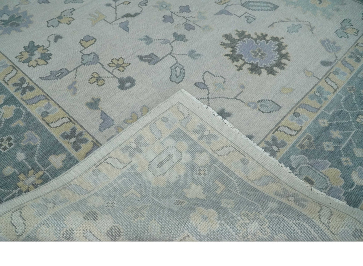 Custom Made Hand Knotted Silver, Blue and Beige Traditional Oushak Wool Area Rug.