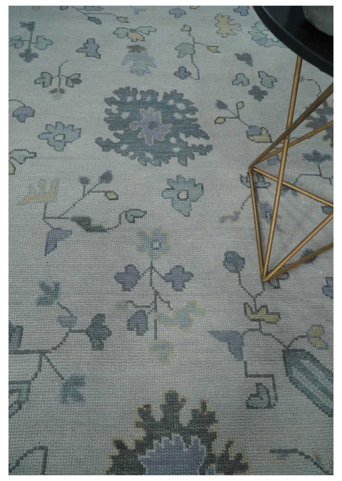 Custom Made Hand Knotted Silver, Blue and Beige Traditional Oushak Wool Area Rug.