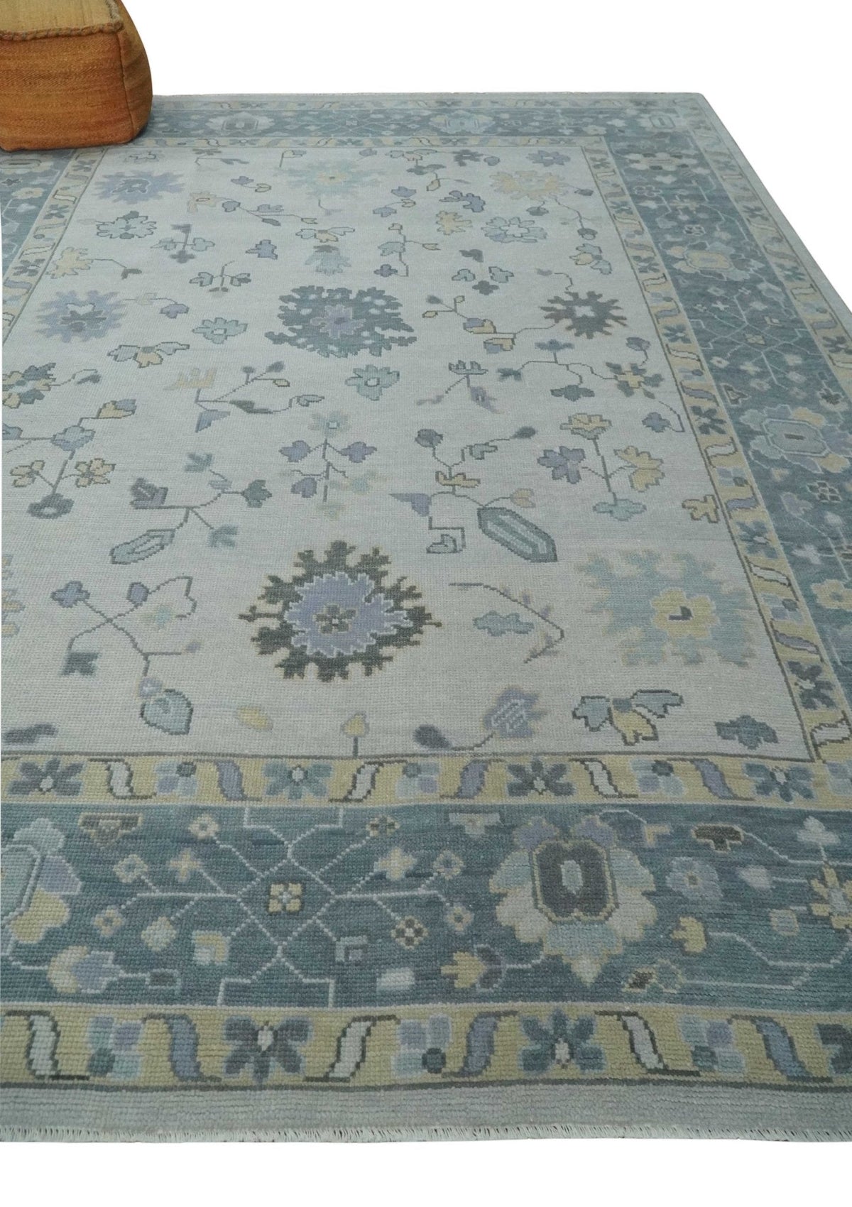 Custom Made Hand Knotted Silver, Blue and Beige Traditional Oushak Wool Area Rug.