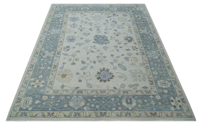 Custom Made Hand Knotted Silver, Blue and Beige Traditional Oushak Wool Area Rug.
