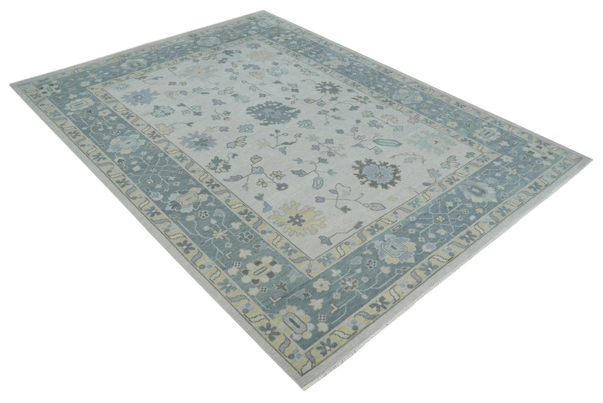 Custom Made Hand Knotted Silver, Blue and Beige Traditional Oushak Wool Area Rug.