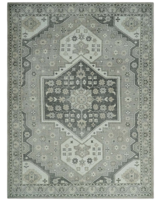 Custom Made Hand Knotted Silver, Charcoal and Ivory Traditional Medallion Wool Area Rug.