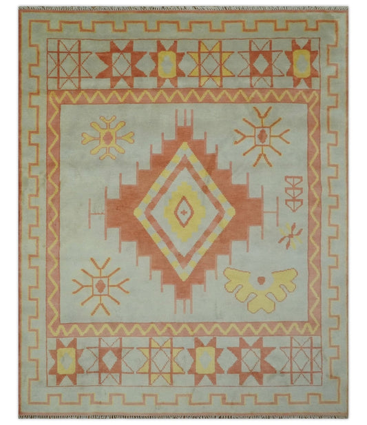 Custom Made Hand Knotted Silver, Peach and Mustard Southwestern wool area rug.