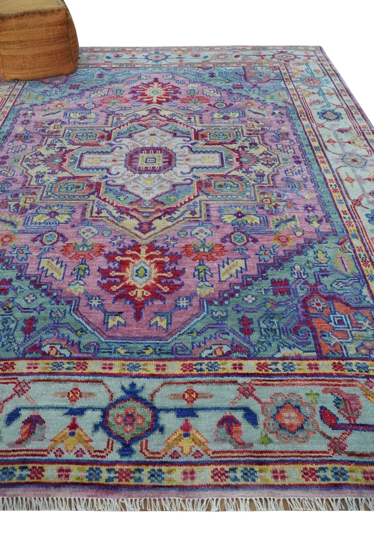Custom Made Hand Knotted Silver, Purple and Green Traditional Wool Area Rug.