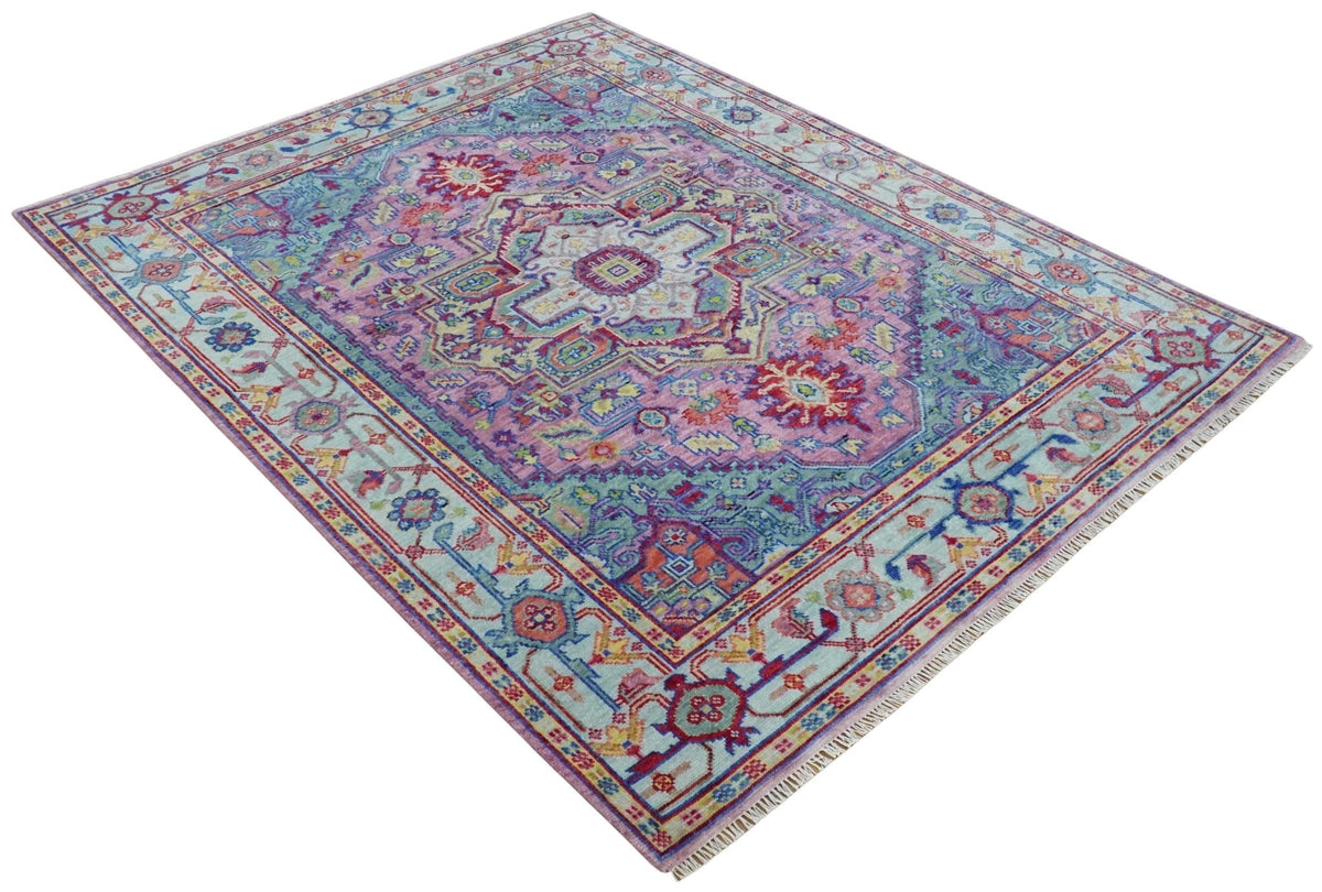Custom Made Hand Knotted Silver, Purple and Green Traditional Wool Area Rug.