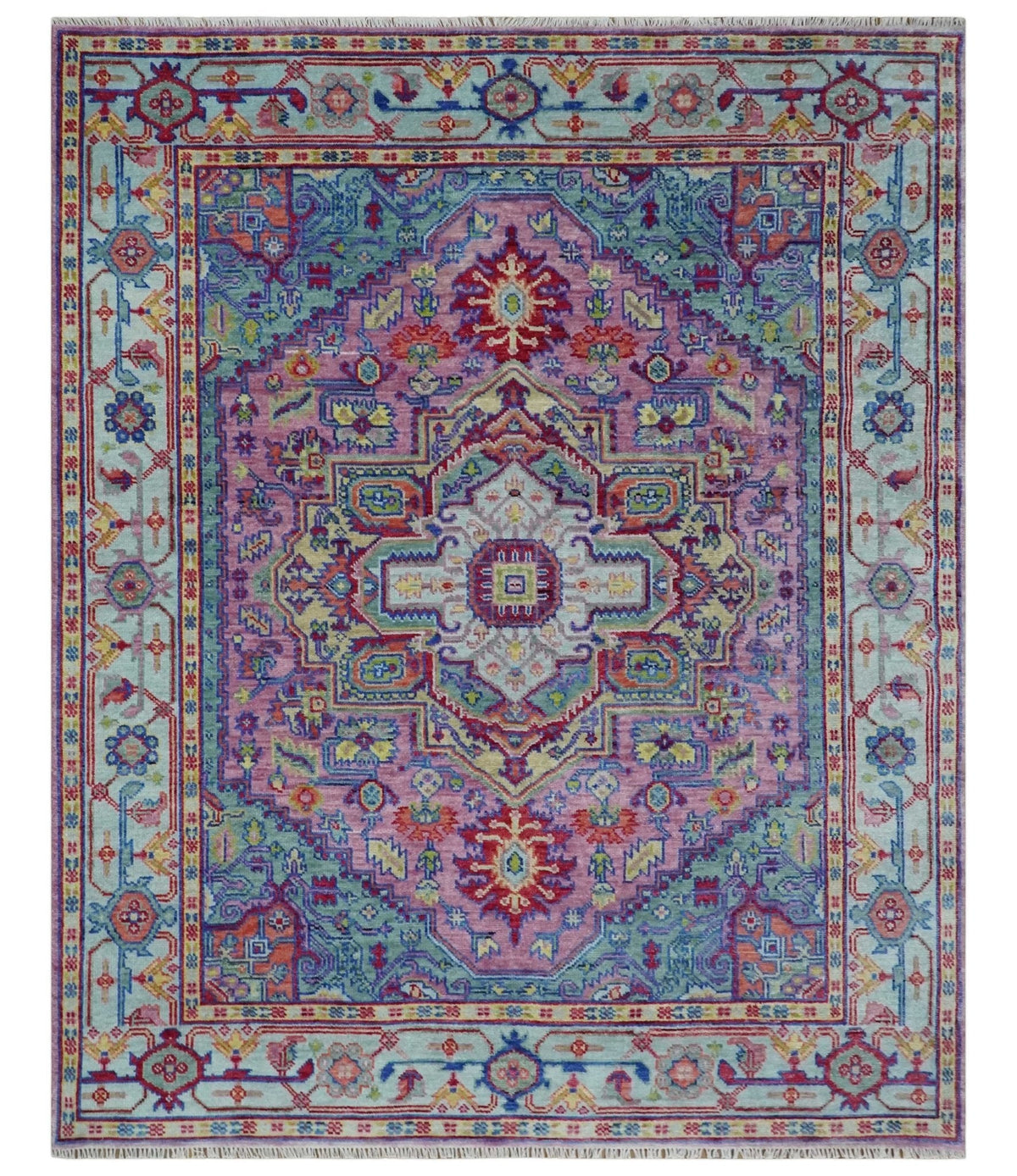 Custom Made Hand Knotted Silver, Purple and Green Traditional Wool Area Rug.