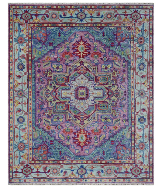 Custom Made Hand Knotted Silver, Purple and Green Traditional Wool Area Rug.