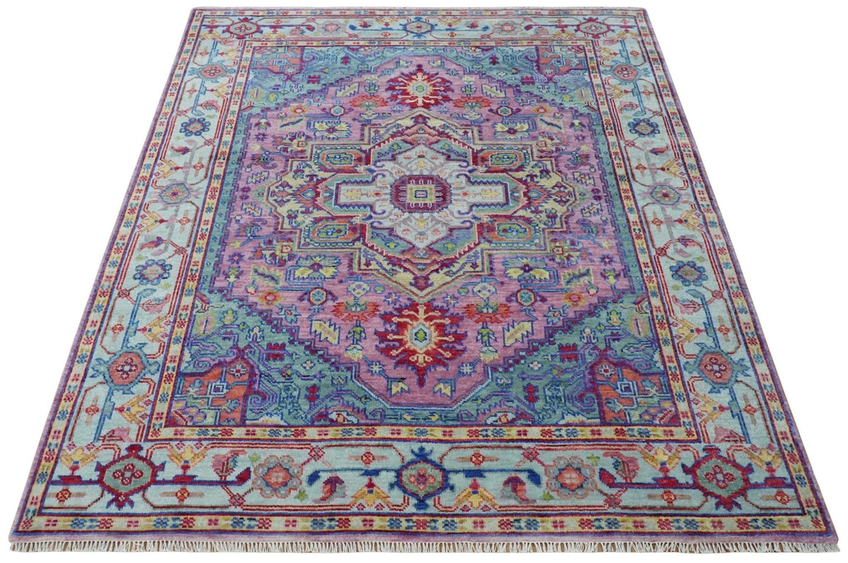 Custom Made Hand Knotted Silver, Purple and Green Traditional Wool Area Rug.