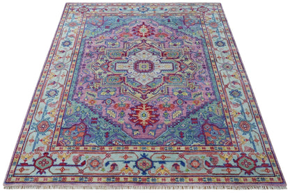 Custom Made Hand Knotted Silver, Purple and Green Traditional Wool Area Rug.