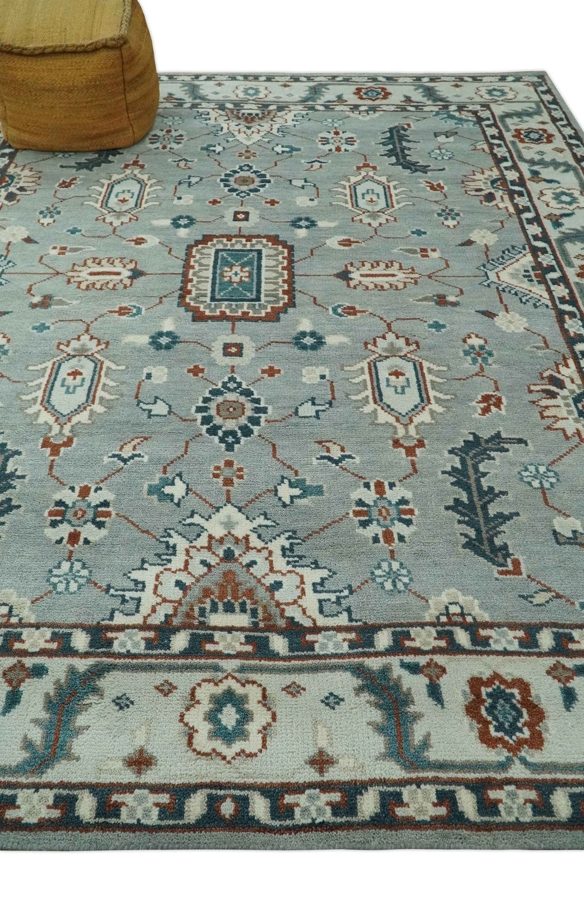 Custom Made Hand Knotted Silver, Teal, Ivory and Brown Traditional Oriental Oushak wool area Rug.