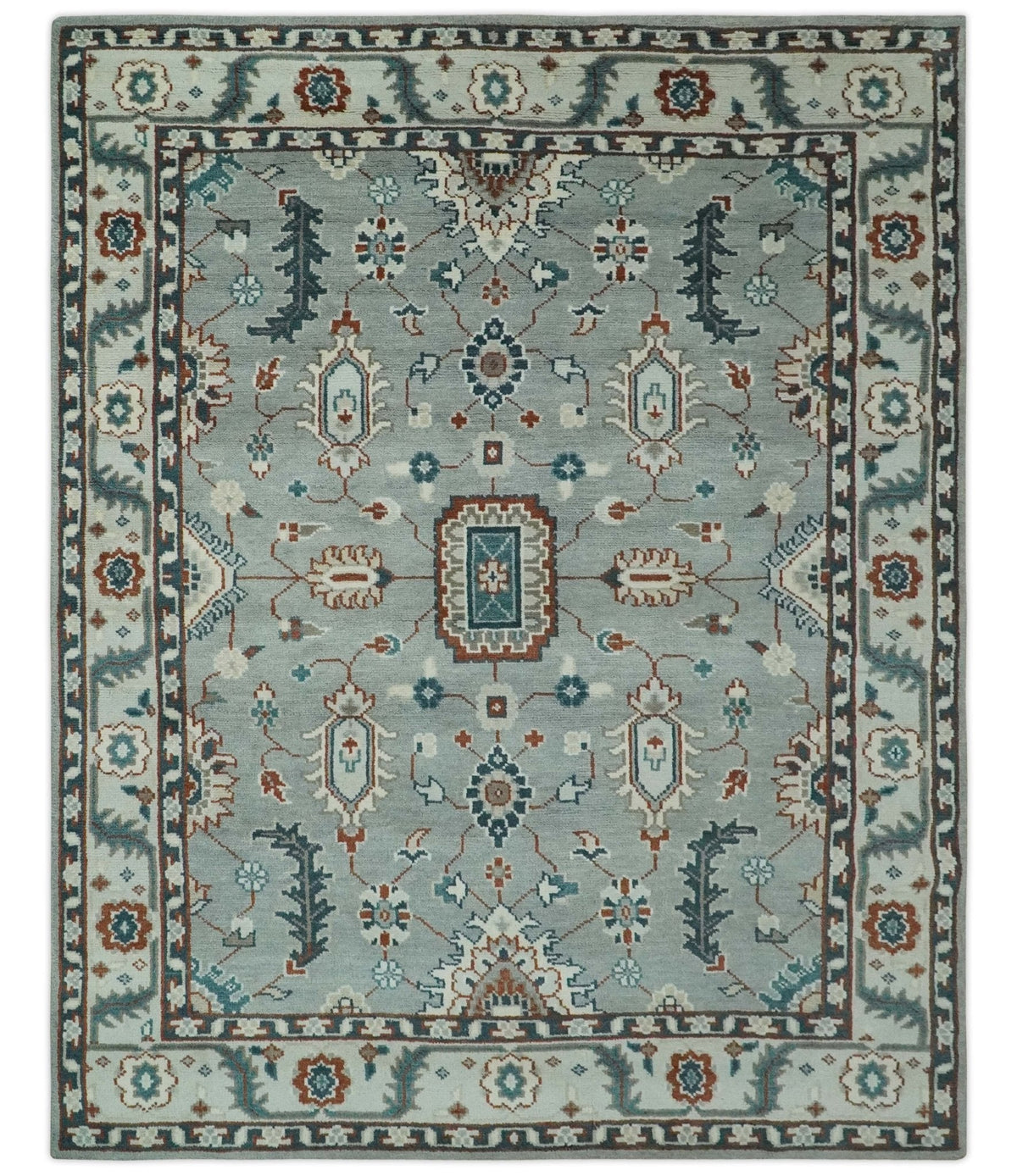 Custom Made Hand Knotted Silver, Teal, Ivory and Brown Traditional Oriental Oushak wool area Rug.