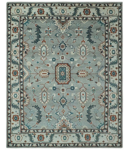 Custom Made Hand Knotted Silver, Teal, Ivory and Brown Traditional Oriental Oushak wool area Rug.