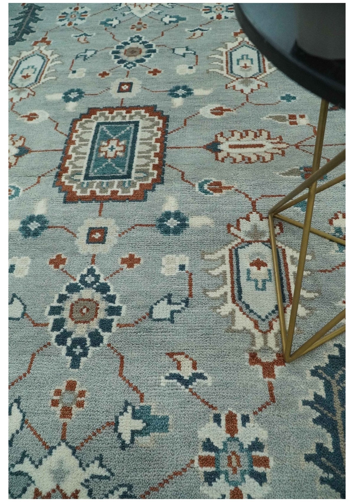 Custom Made Hand Knotted Silver, Teal, Ivory and Brown Traditional Oriental Oushak wool area Rug.