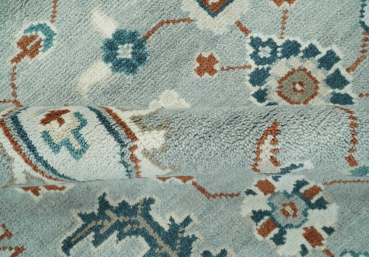 Custom Made Hand Knotted Silver, Teal, Ivory and Brown Traditional Oriental Oushak wool area Rug.