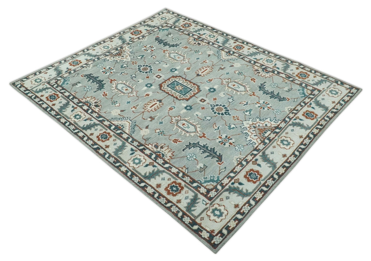 Custom Made Hand Knotted Silver, Teal, Ivory and Brown Traditional Oriental Oushak wool area Rug.