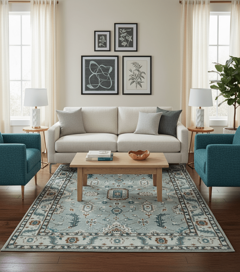 Custom Made Hand Knotted Silver, Teal, Ivory and Brown Traditional Oriental Oushak wool area Rug.