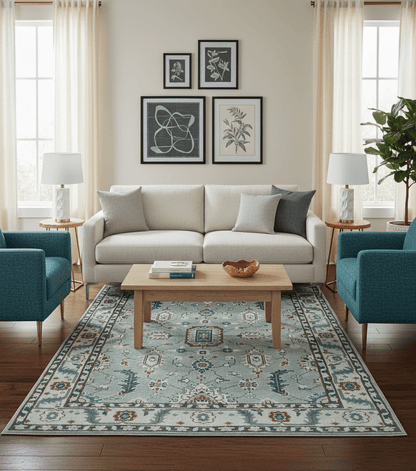 Custom Made Hand Knotted Silver, Teal, Ivory and Brown Traditional Oriental Oushak wool area Rug.