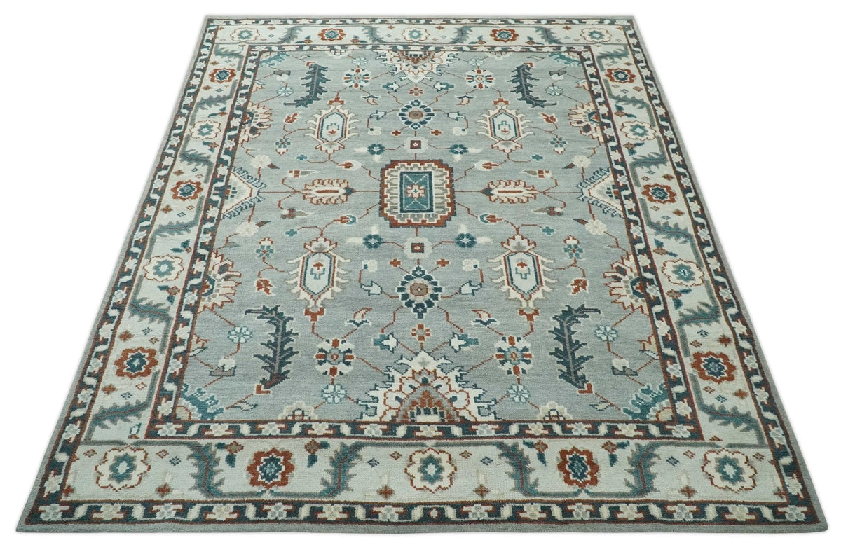 Custom Made Hand Knotted Silver, Teal, Ivory and Brown Traditional Oriental Oushak wool area Rug.